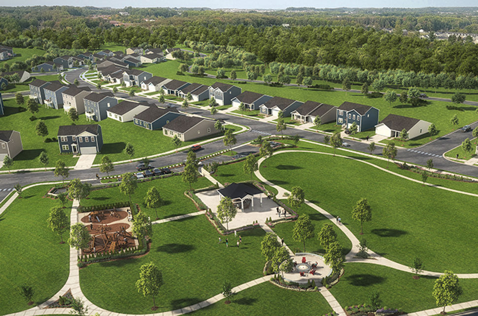 Rendering of future on site amenities, including a playground, gathering space and a fire pit
