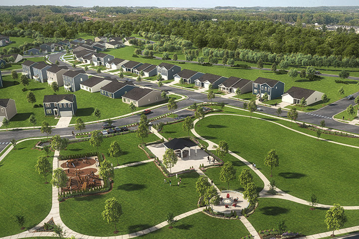 Rendering of future on site amenities, including a playground, gathering space and a fire pit