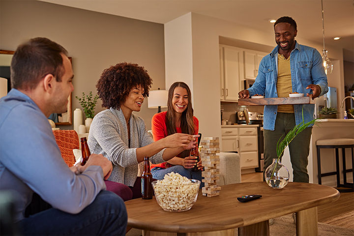 entertaining friends in family room