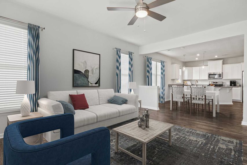 Family Room, Dining Area and Kitchen with Island Seating