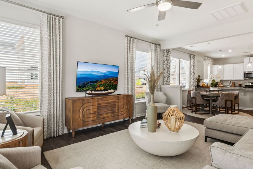 Family Room, Dining Area and Kitchen with Island Seating