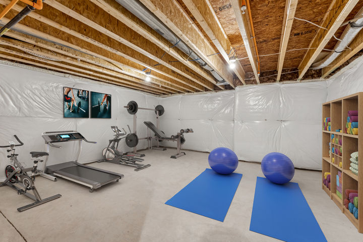 Unfinished Lower Level Storage Room, staged as personal gym