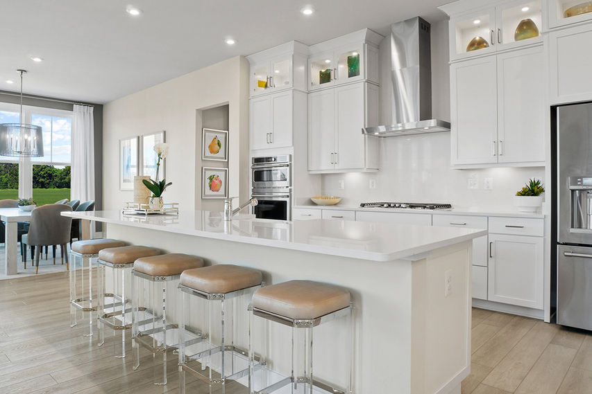 open concept floor plan with gourmet kitchen and dining