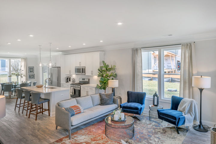 family room next to open kitchen