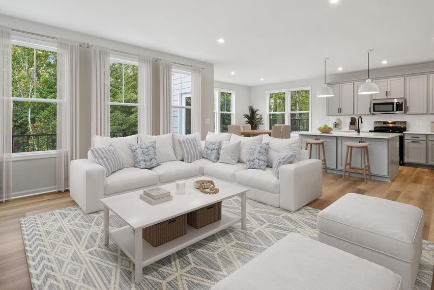 open concept family room with bright windows