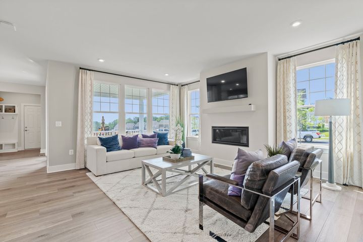 family room with bright windows