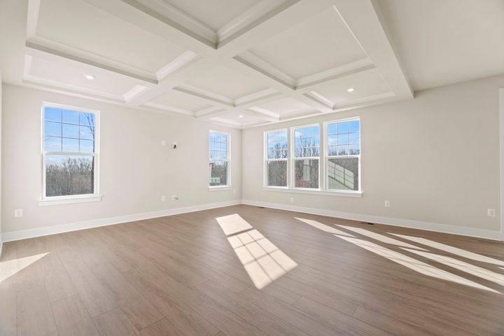 family room with coffered ceiling