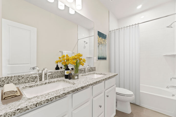 hall bath with tub shower and dual sink cabinet vanity