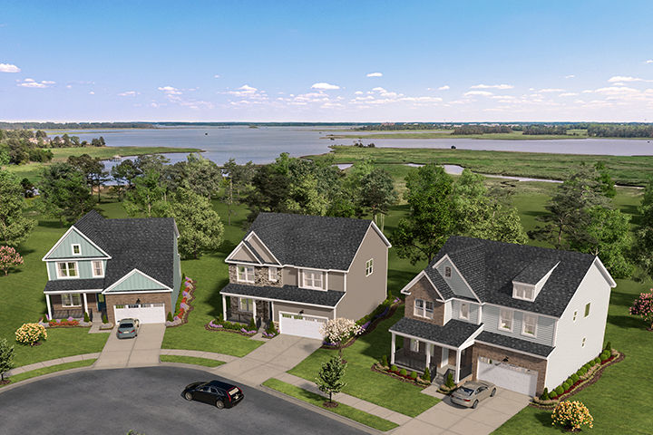 Neighborhood rendering with waterfront homes