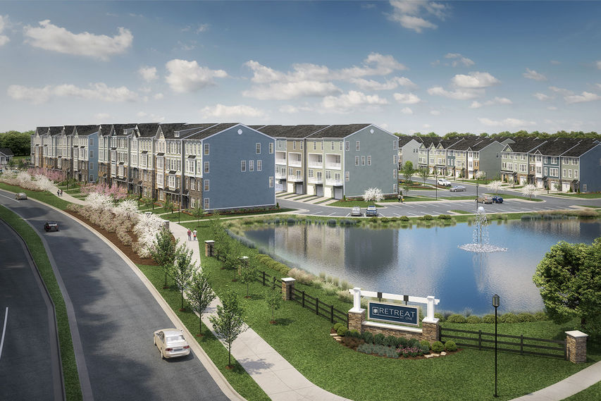 Mockup aerial view of townhomes and the community of the Retreat at One