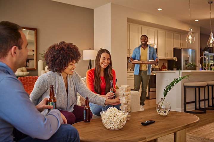 hosting friends in open kitchen and family room