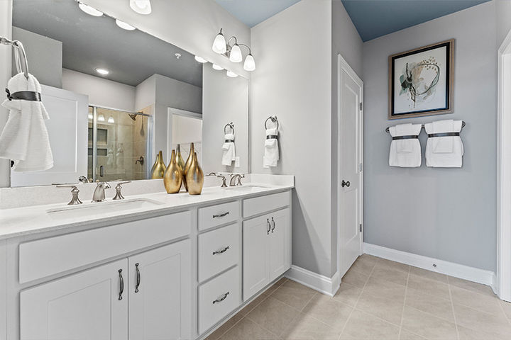 primary bath with dual sink cabinet vanity
