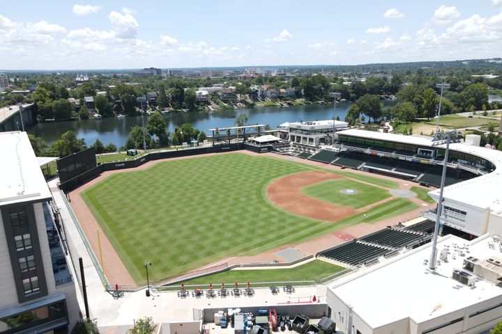 Tavern Hill in North Augusta, SC Aerial Green Jackets Stadium and River