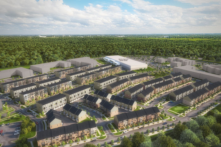 Neighborhood rendering featuring our newest section of townhomes, condos and on site amenities