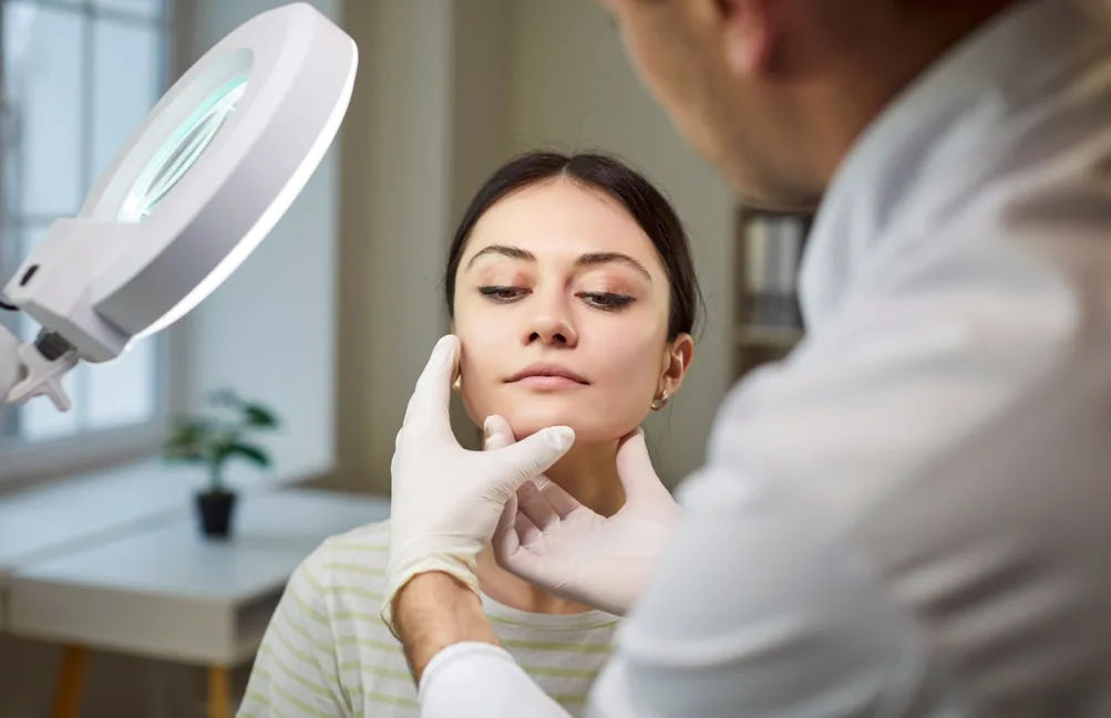 Dermatologist in Kalyan examining a patient's skin under a magnifying lamp at MySkindom