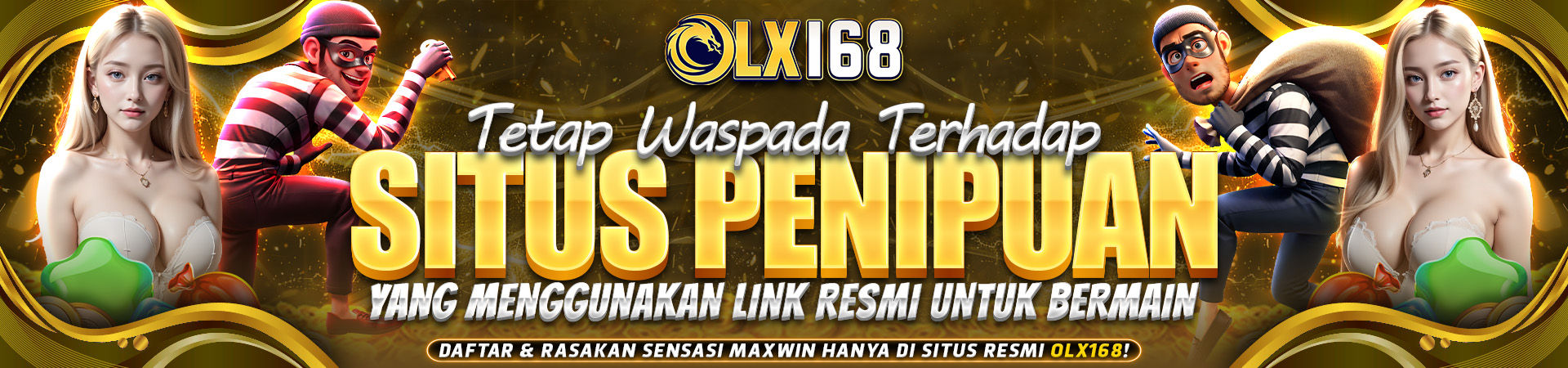 Banner OLX168 tentang imbauan waspada penipuan dengan menggunakan link resmi untuk bermain secara aman