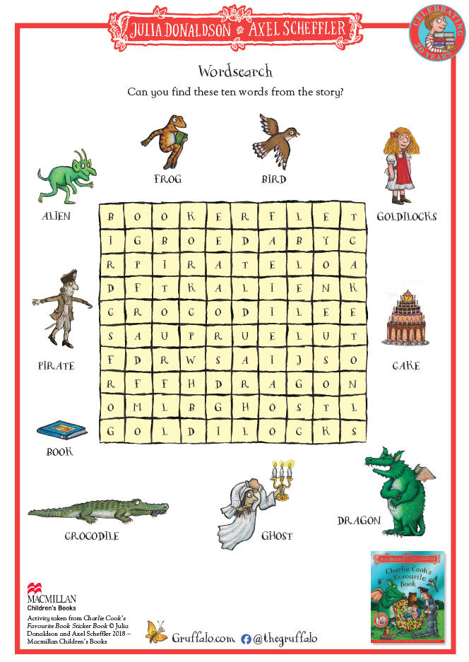 A wordsearch asking people to find ten words from the Charlie Cook's Favourite Book story