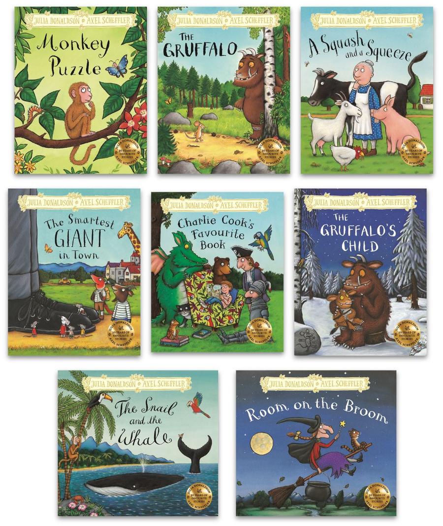 A collage of lots of Julia Donaldson's anniversary hardback books