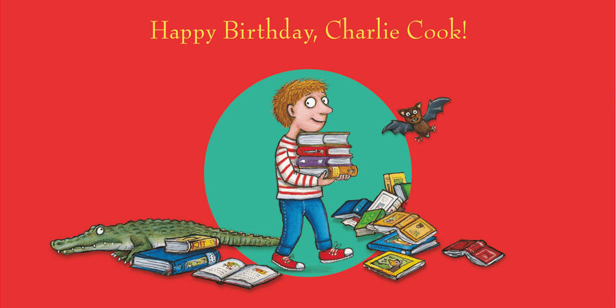 Banner with Charlie Cook holding books, a crocodile, books on the floor and a bat with text reading Happy Birthday, Charlie Cook!