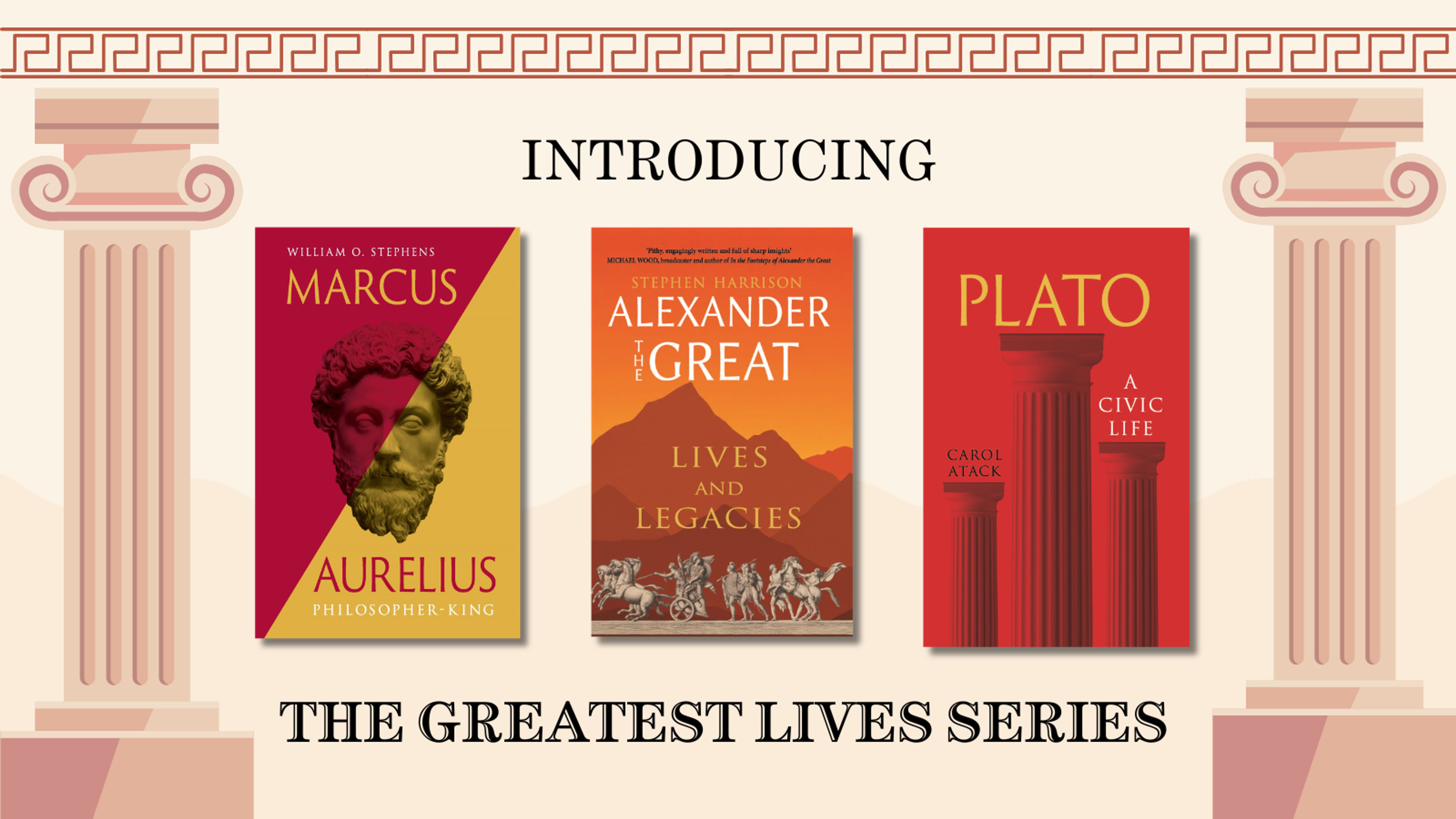 banner showing book covers from the greatest lives series including marcus aurelius, plato, and alexander the great