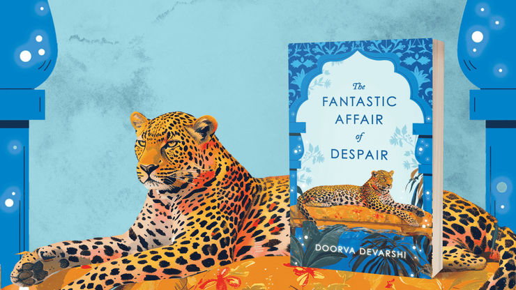 A vibrant and detailed illustration showing a leopard lounging on a patterned surface. Next to the leopard is a book titled 'The Fantastic Affair of Despair' by Doorva Devarshi. The background features a blue decorative theme with pillars on the side.
