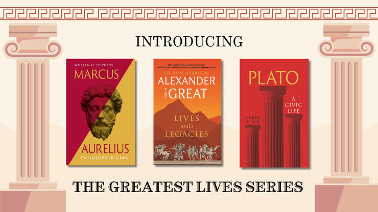 banner showing book covers from the greatest lives series including marcus aurelius, plato, and alexander the great