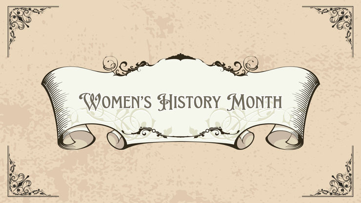 Vintage-style scroll design with ornate detailing and floral accents. The scroll prominently displays the words 'Women's History Month' in elegant typography.