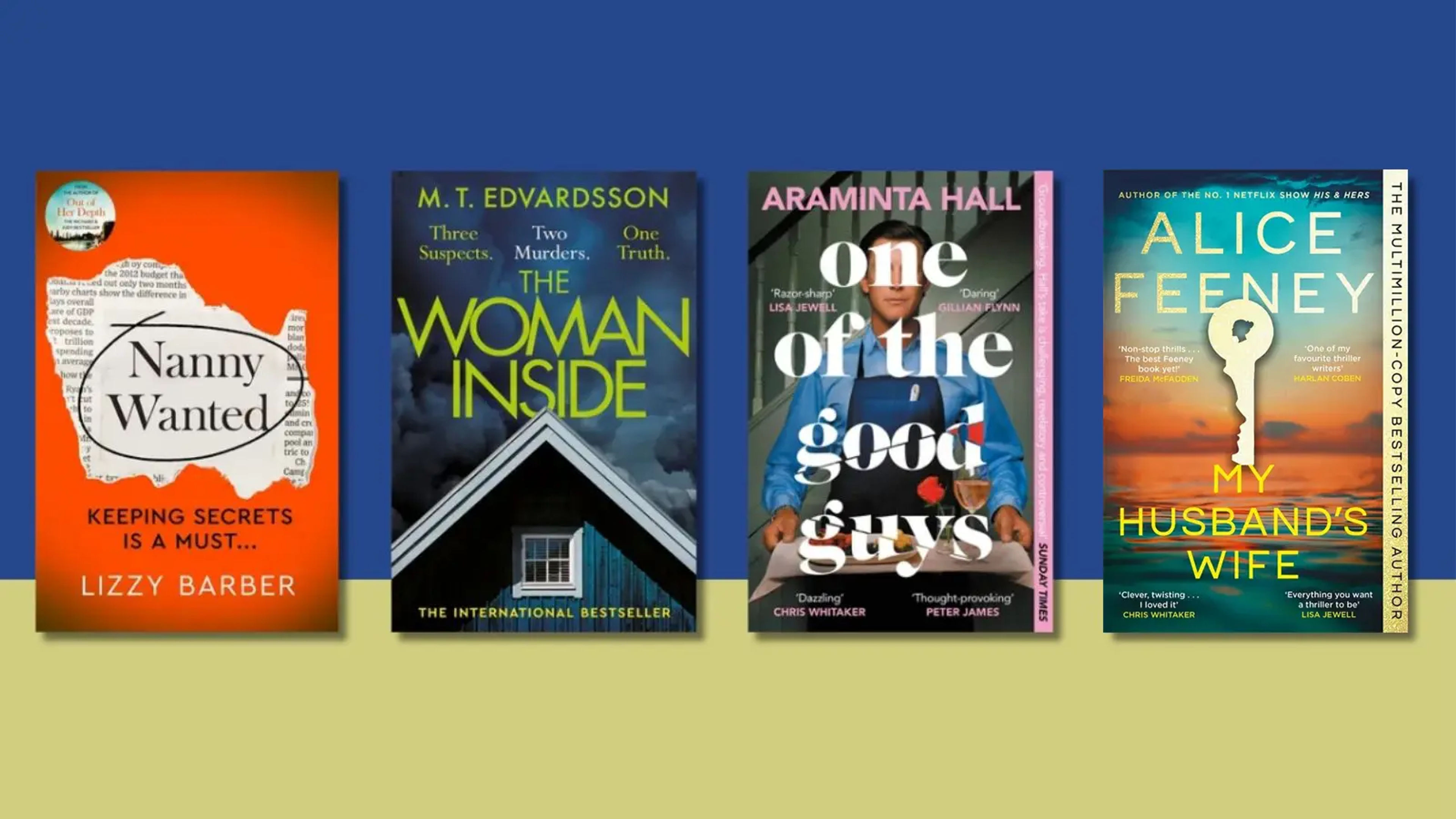Four book jackets on top of a blue and yellow background