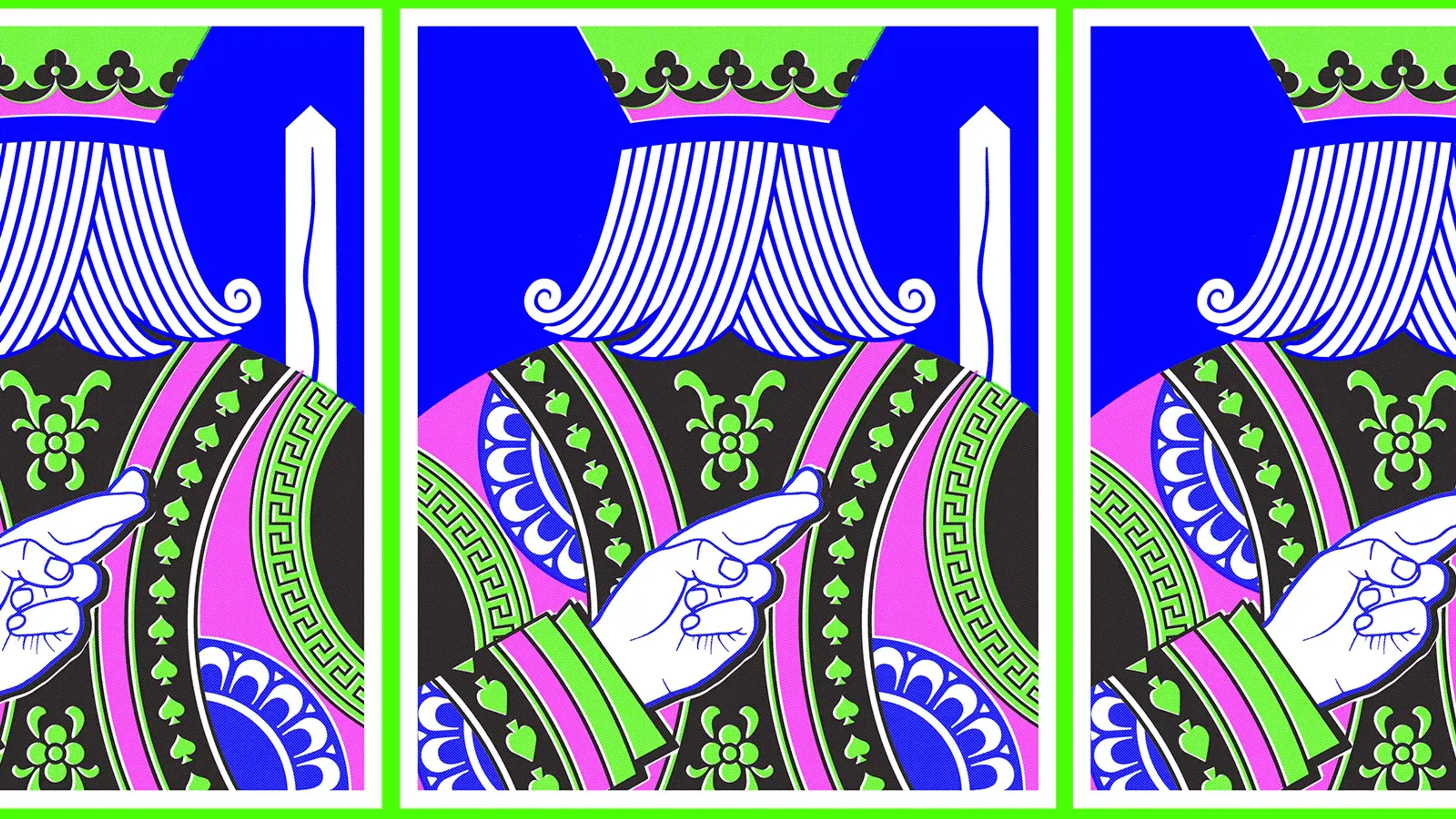 An illustration, in neon colours, of the King on a playing card with his fingers crossed behind his back