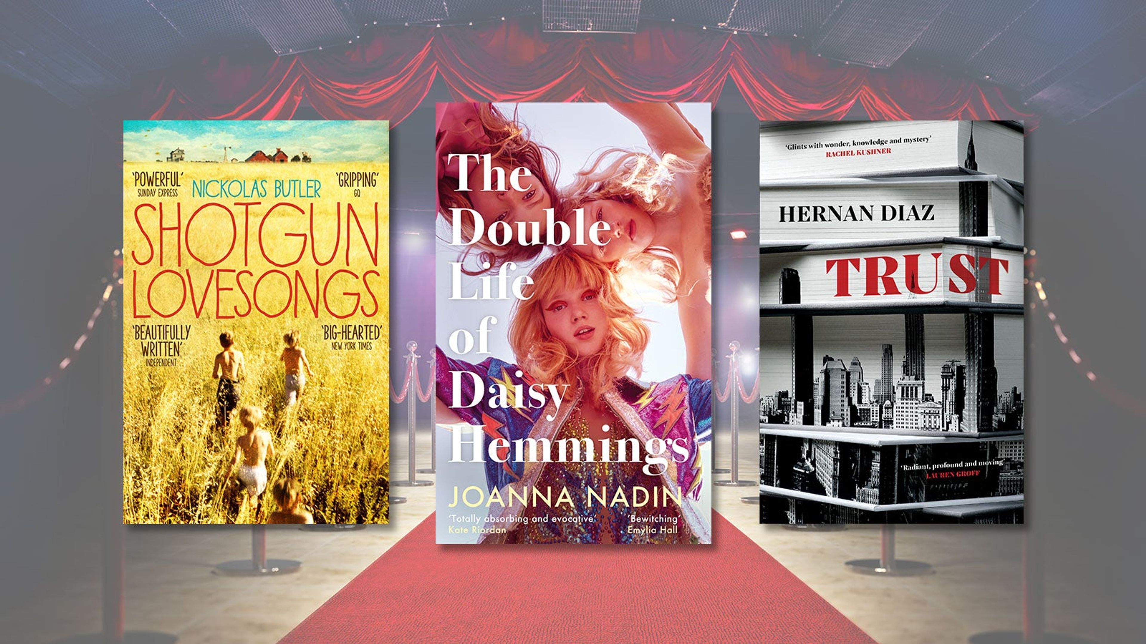 The jackets for The Double Life of Daisy Hemmings, Trust, and Shotgun Lovesongs in front of a red carpet and photographers. 