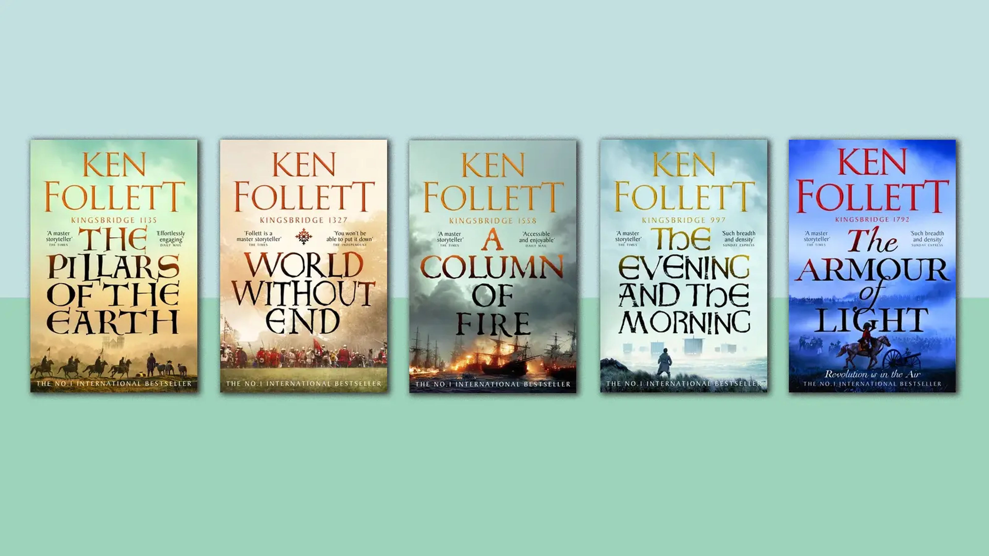 A pale green two-tone background with the five Kingsbridge books overlaid