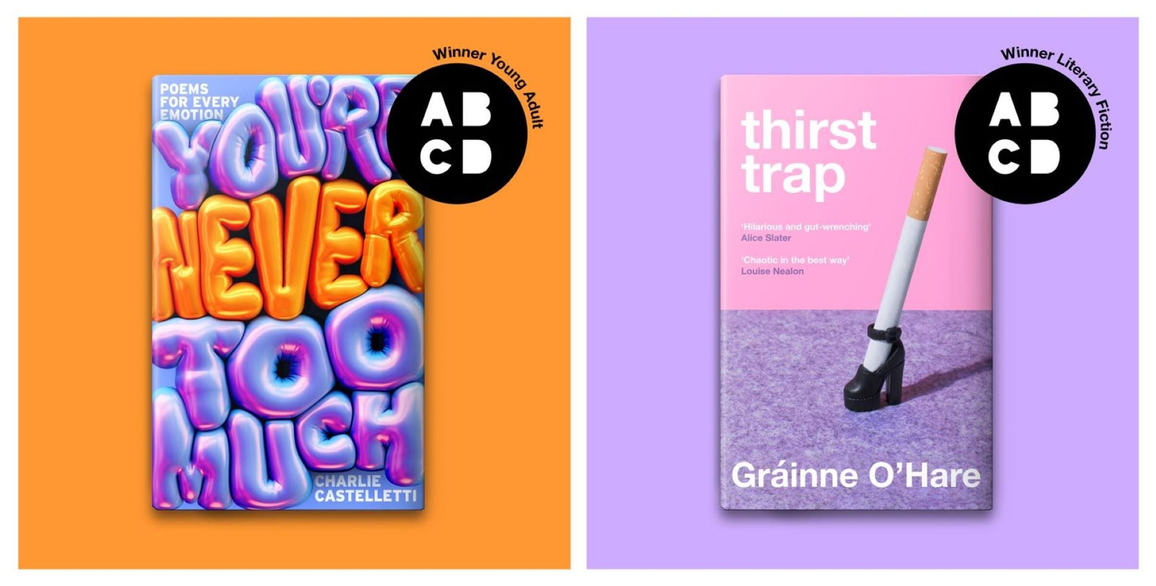 L to R ABCD award winners covers: You’re Never Too Much in the Young Adult category, Thirst Trap in the Literary Fiction category