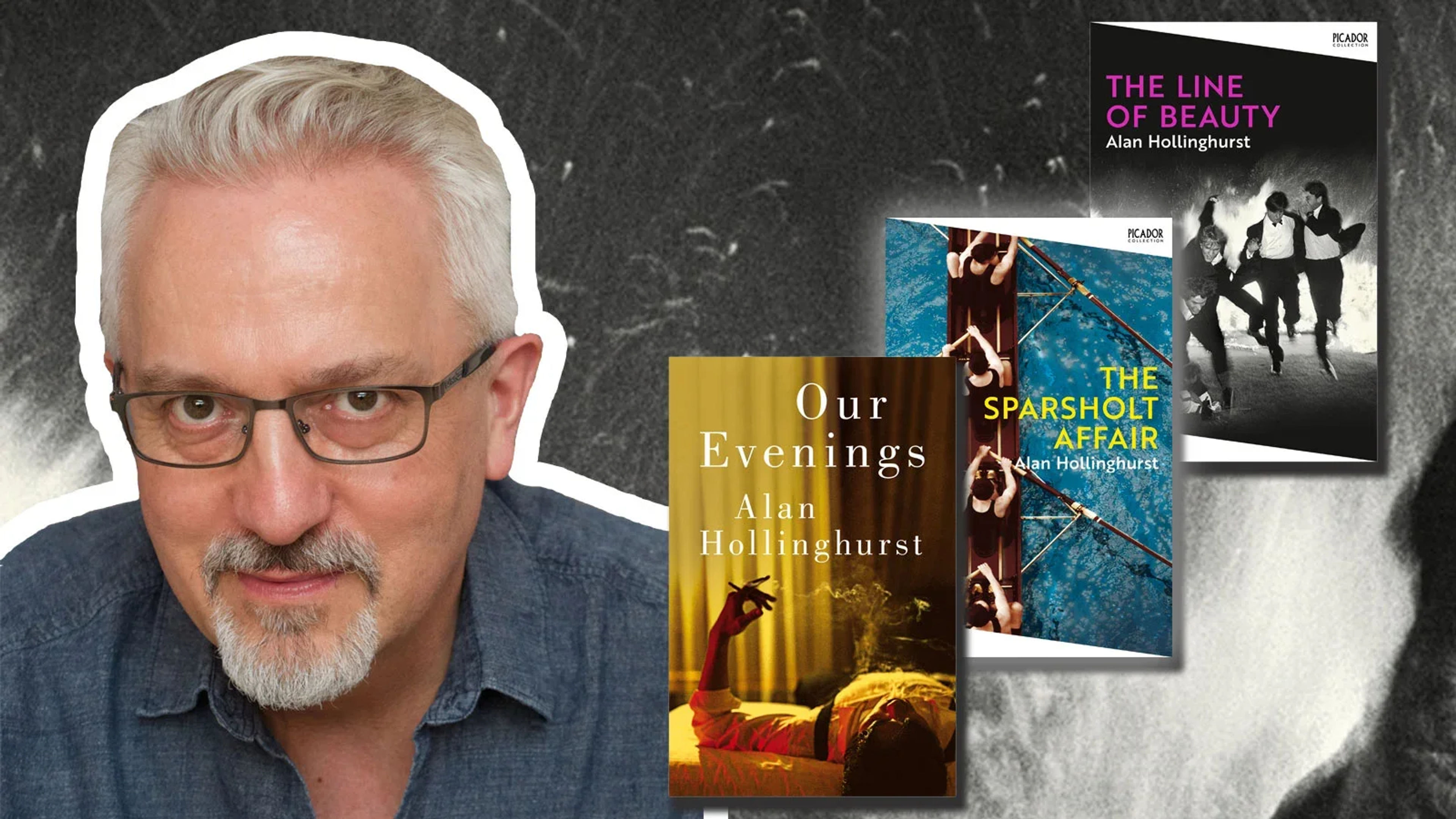 A photograph of Alan Hollinghurst with three of his book covers.