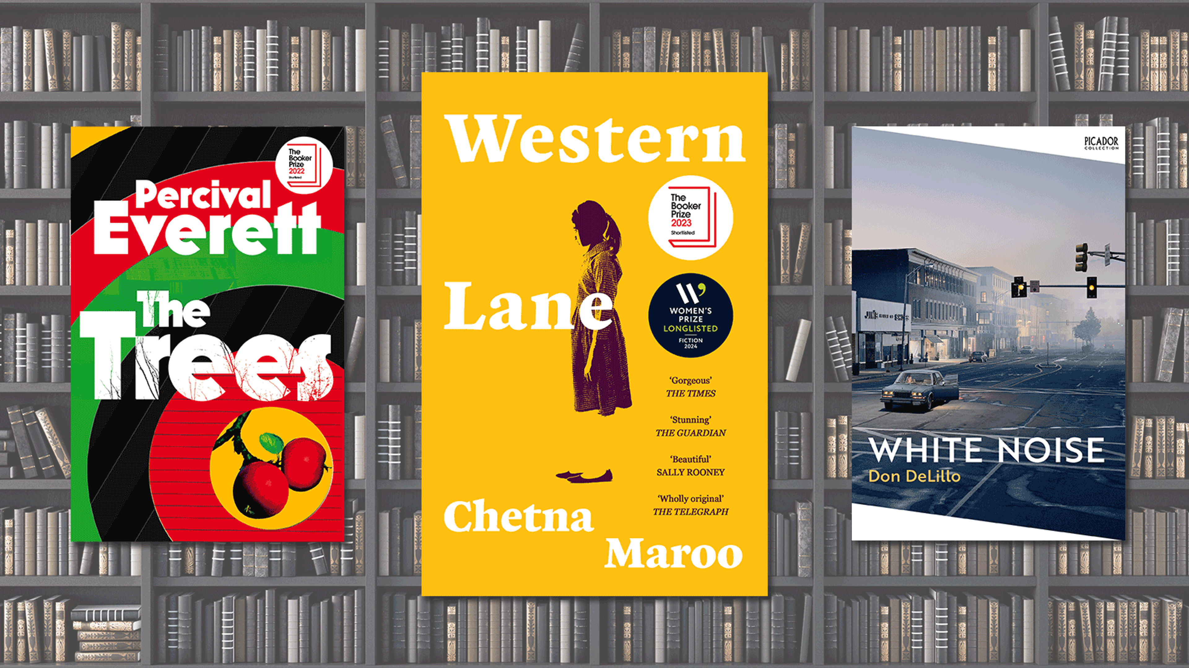 Book covers for The Trees, Western Lane and White Noise with a bookshelf as a background