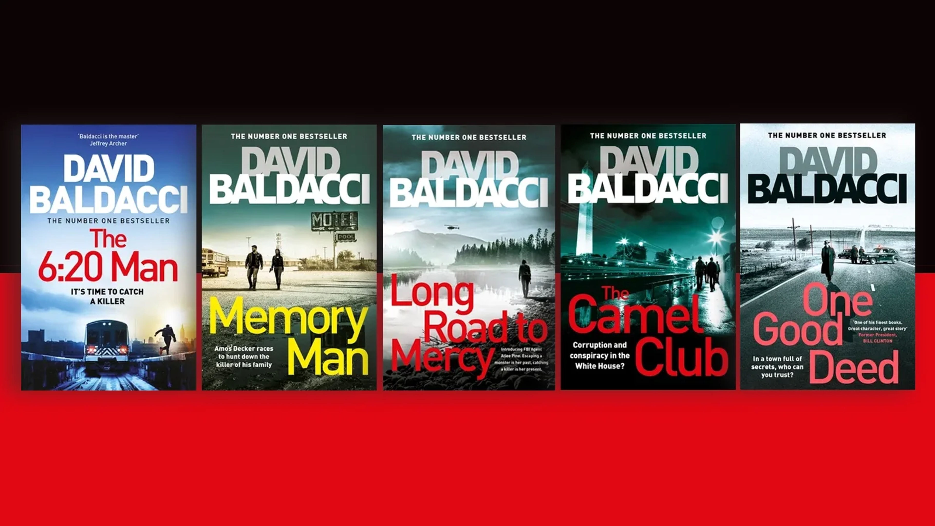 Five book covers on a red and black background
