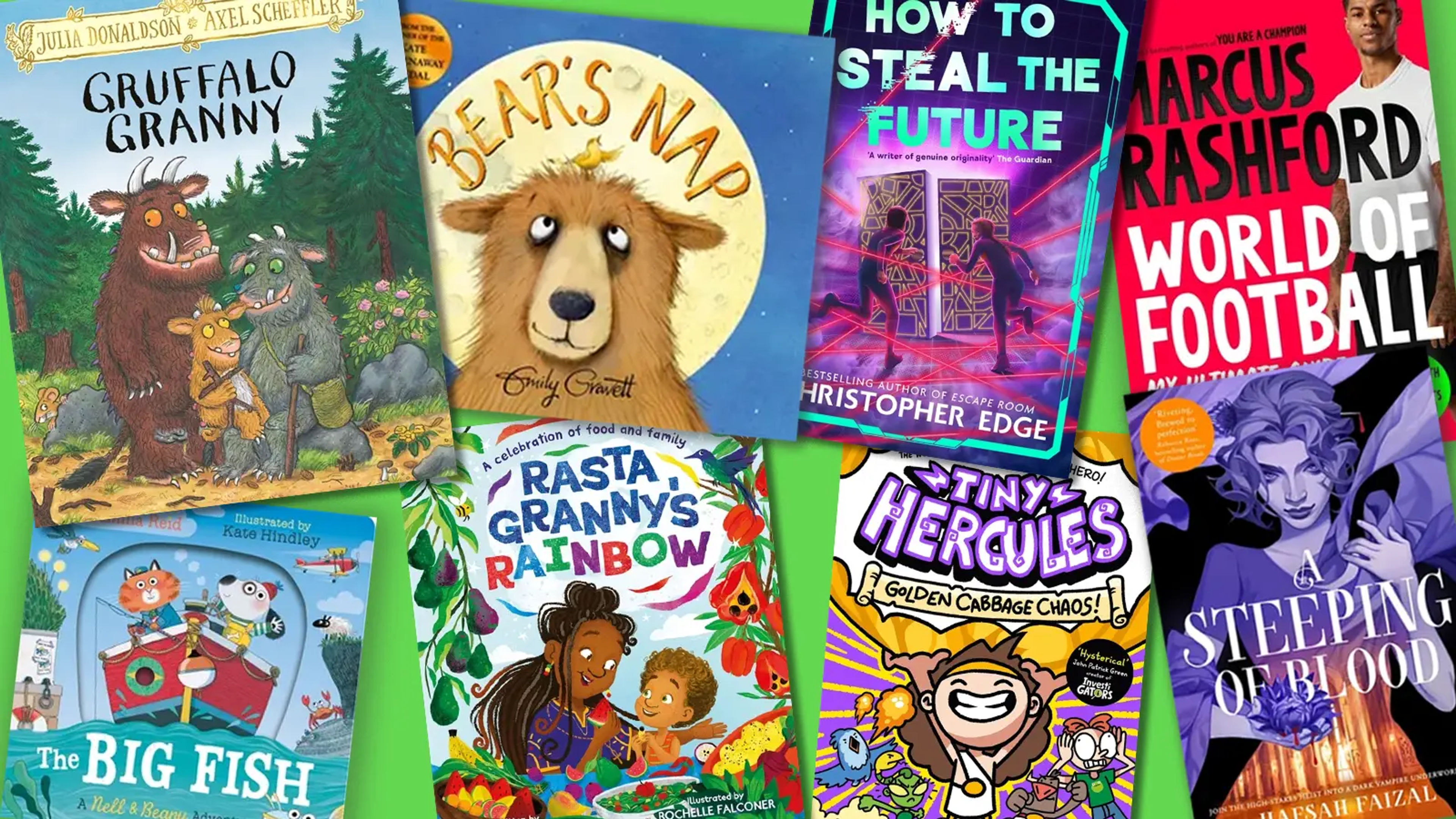 Various kids book covers on a bright green background
