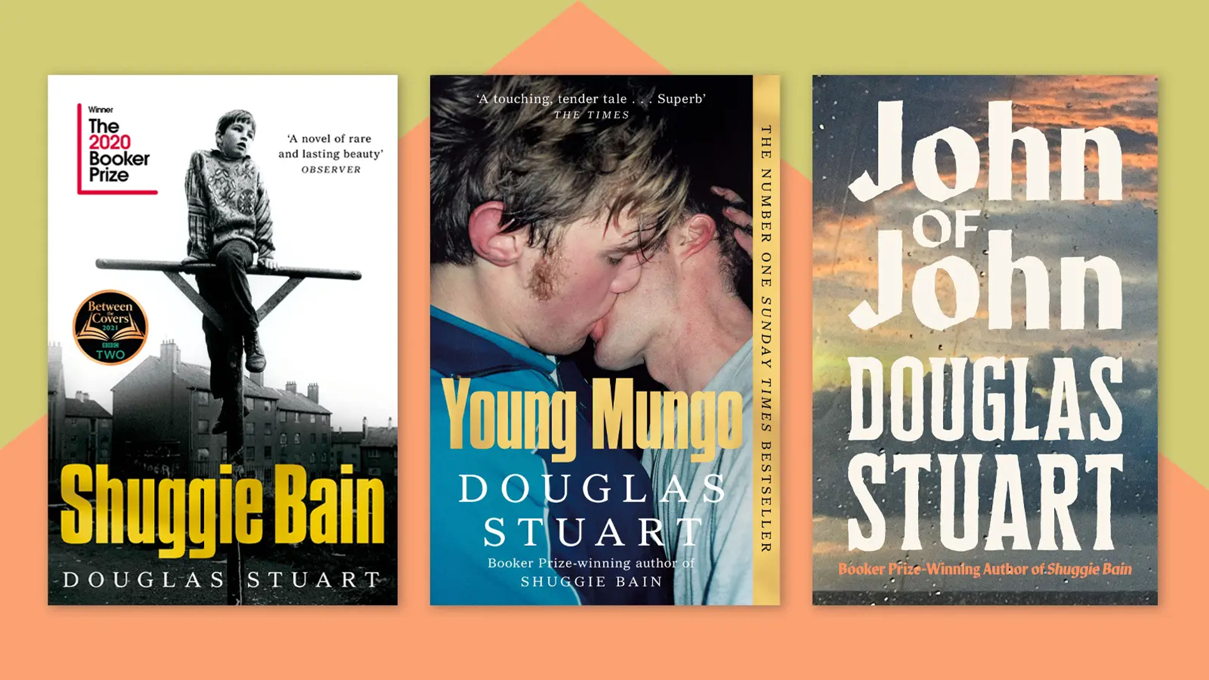Three novels on an orange and yellow backdrop