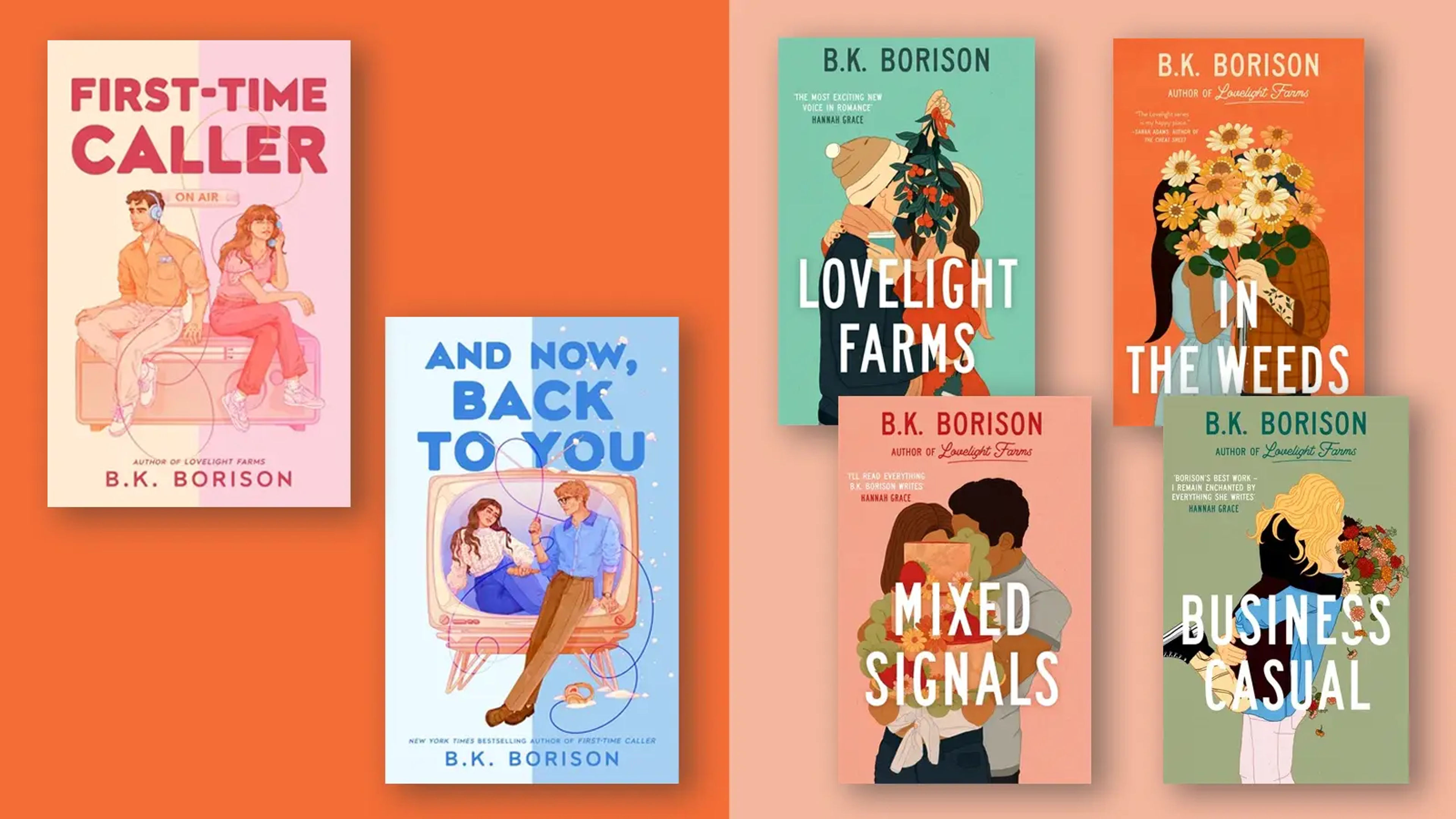 A two-tone backdrop with six book covers overlaid
