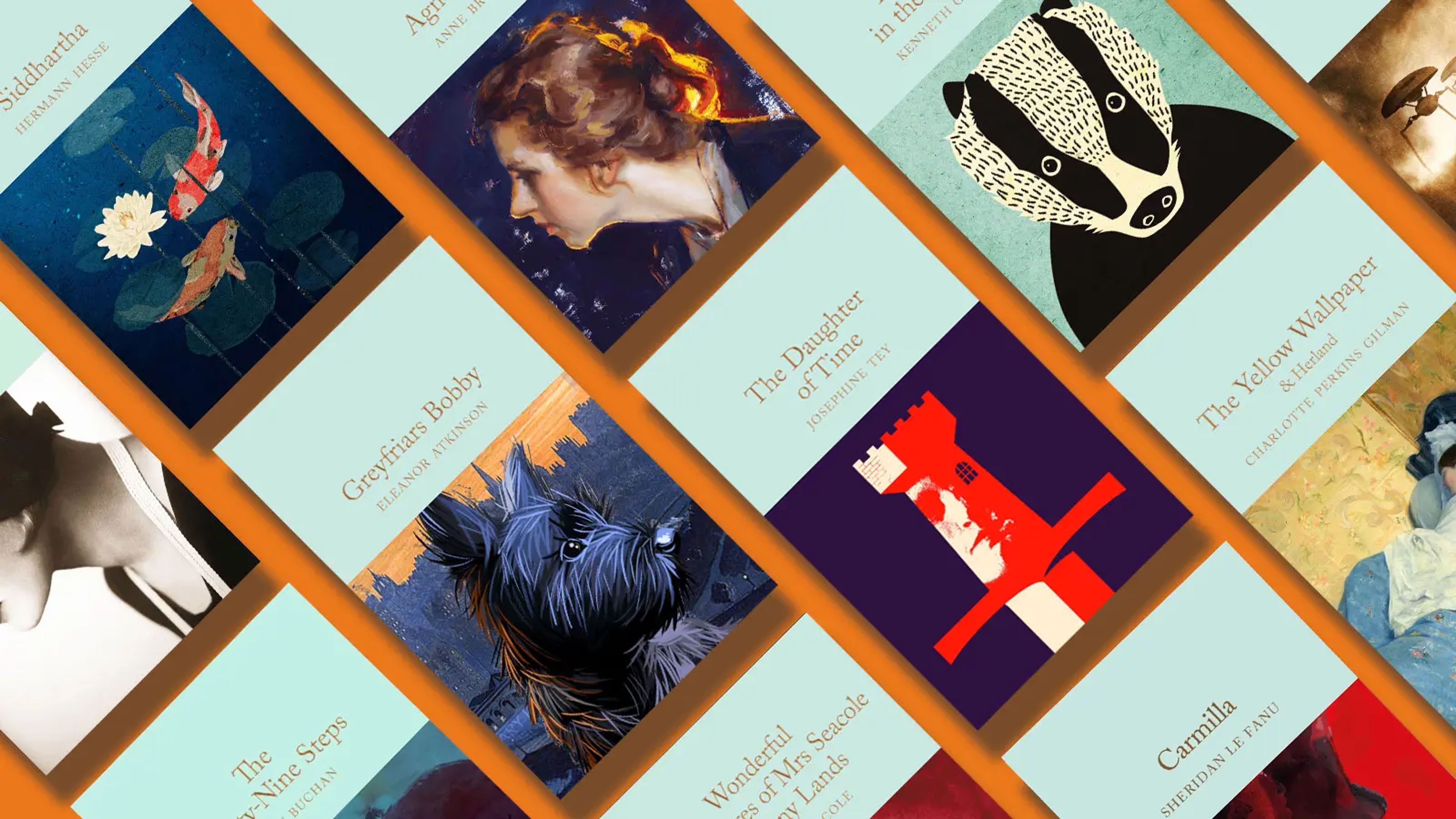An array of classic book covers arranged at an angle on an orange background.