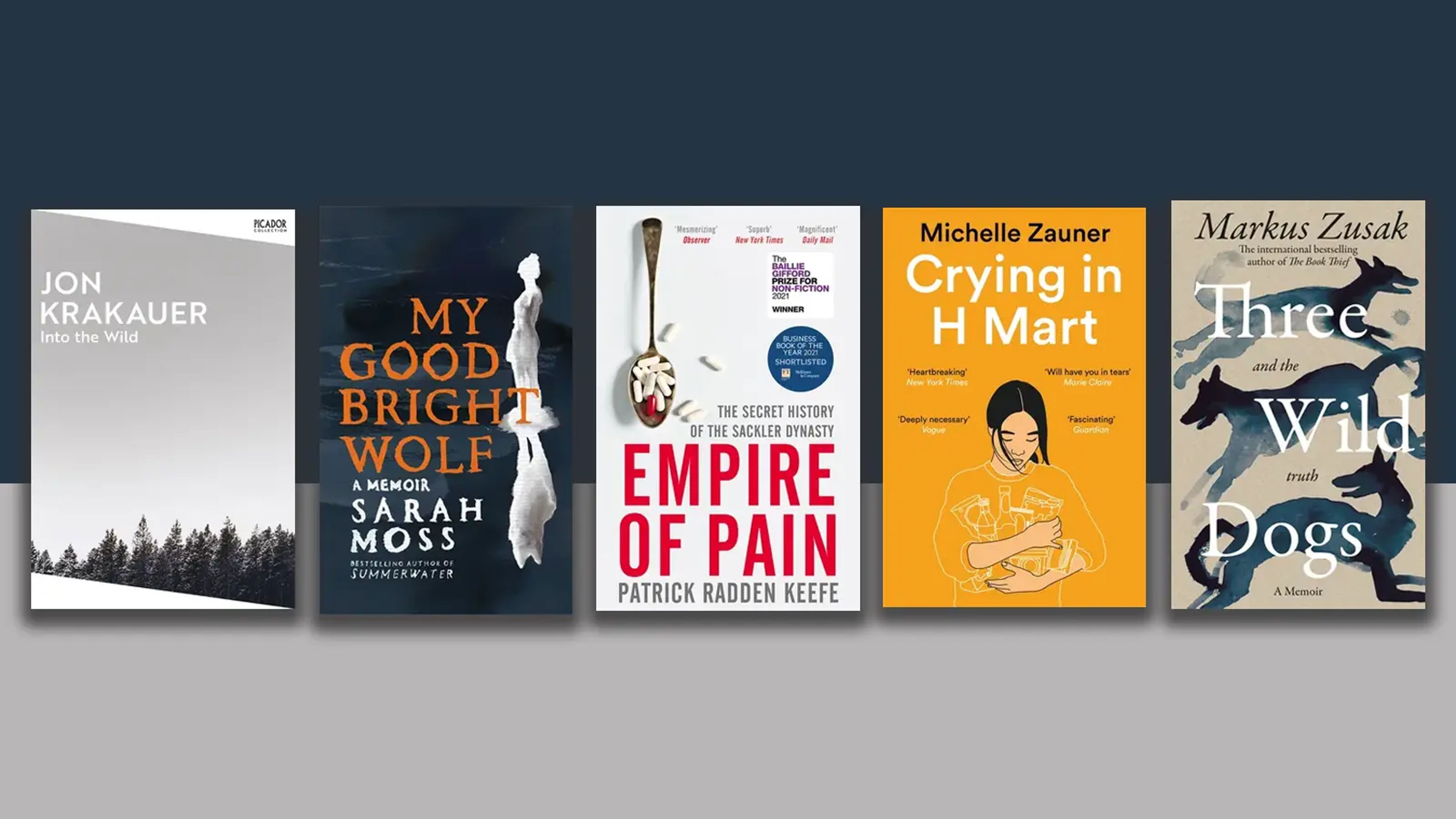 Five book jackets on a blue and grey background