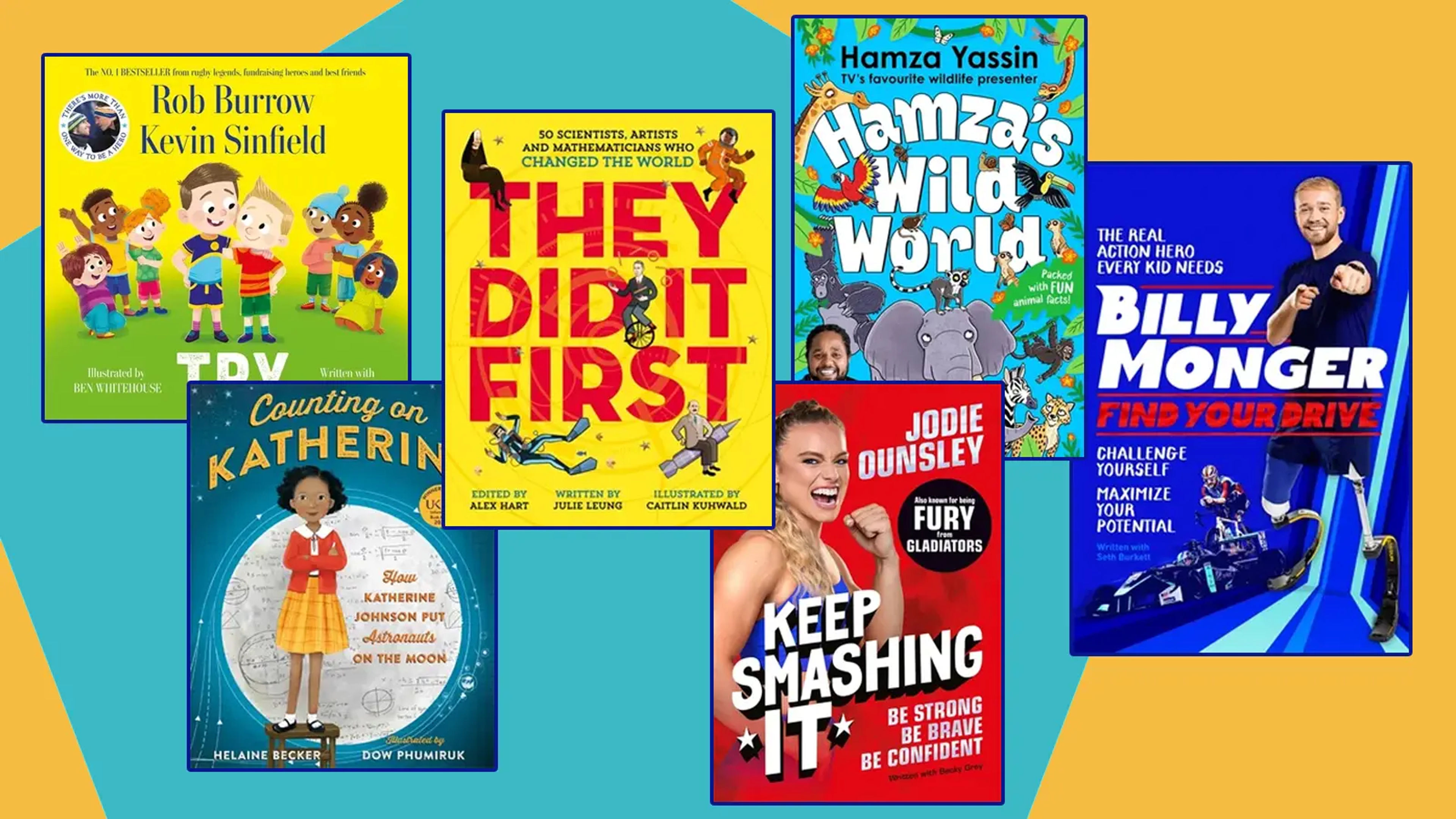 Book jackets on a bright blue and yellow background