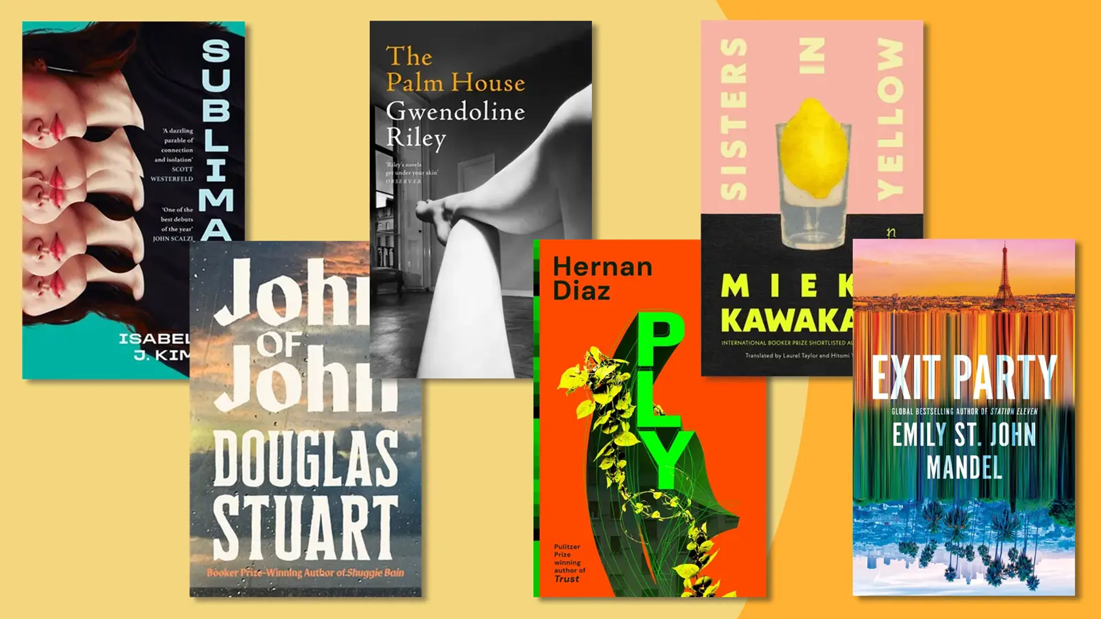 Six book jackets on a two tone yellow backdrop