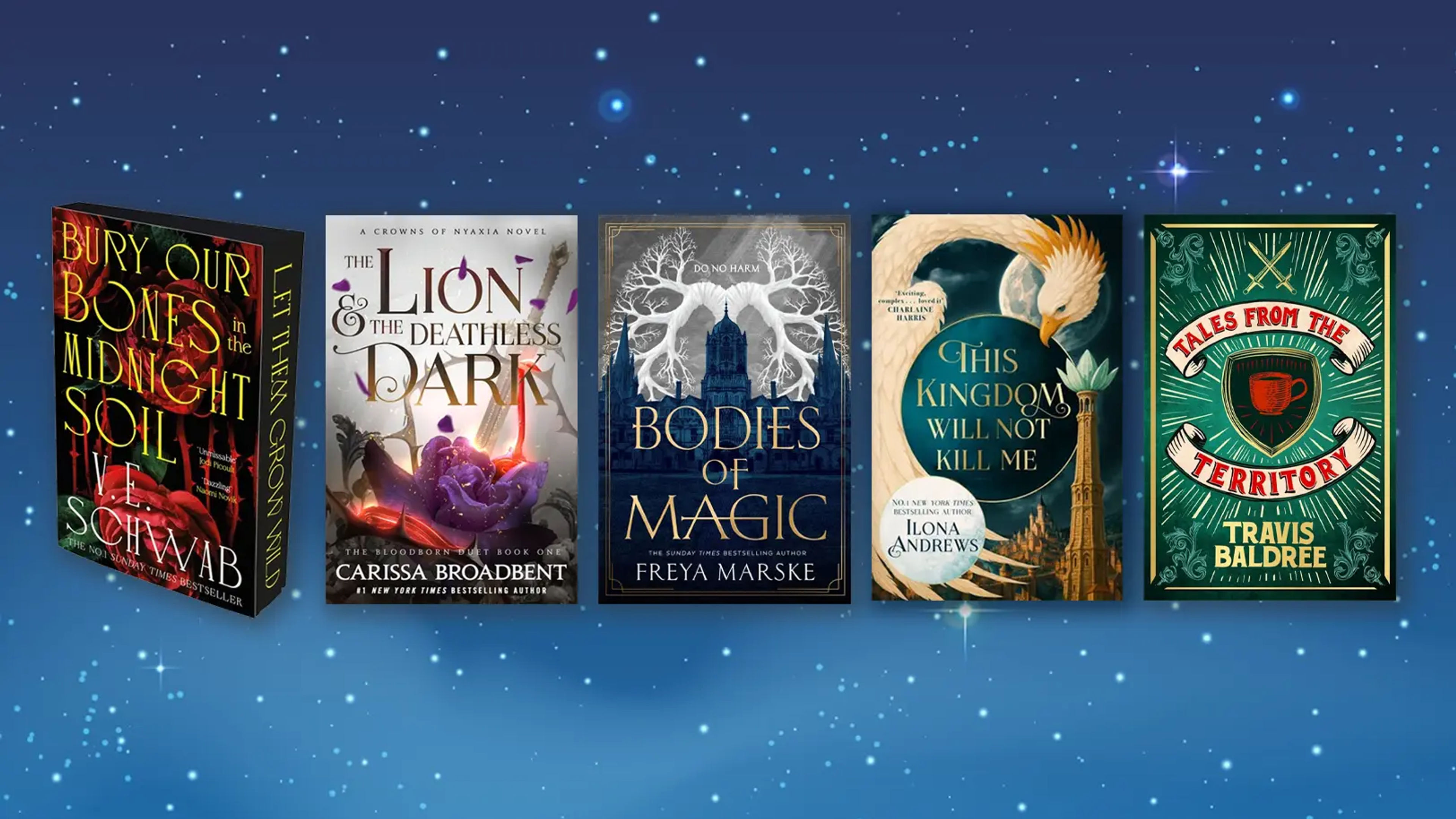 A starry sky with 5 book covers overlaid