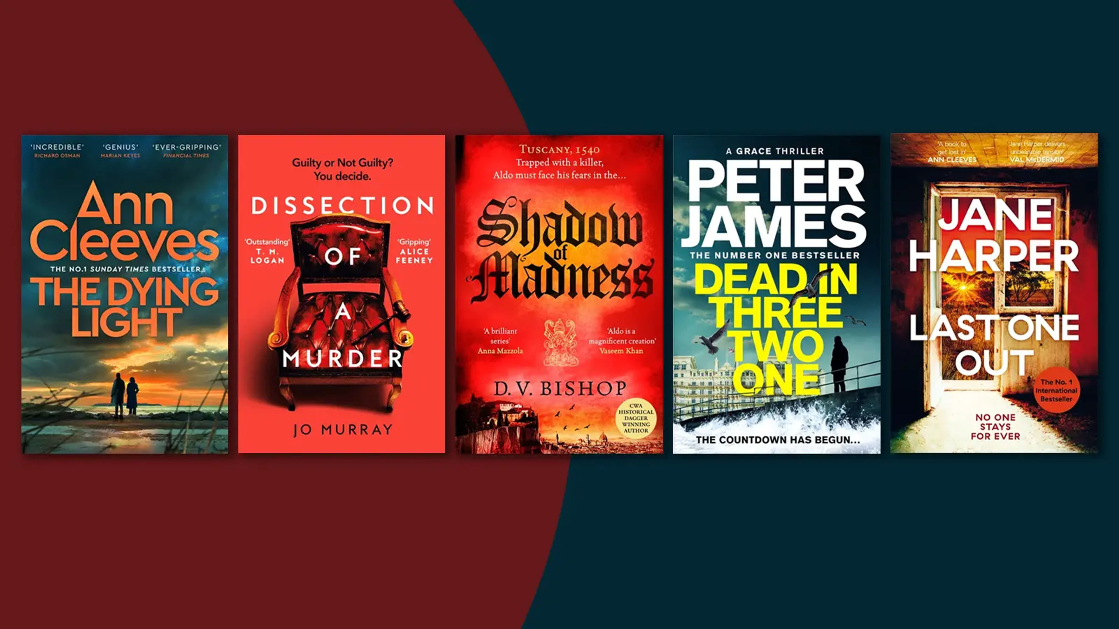 Five book covers on a dark two-tone background, including The Dying Light by Ann Cleeves