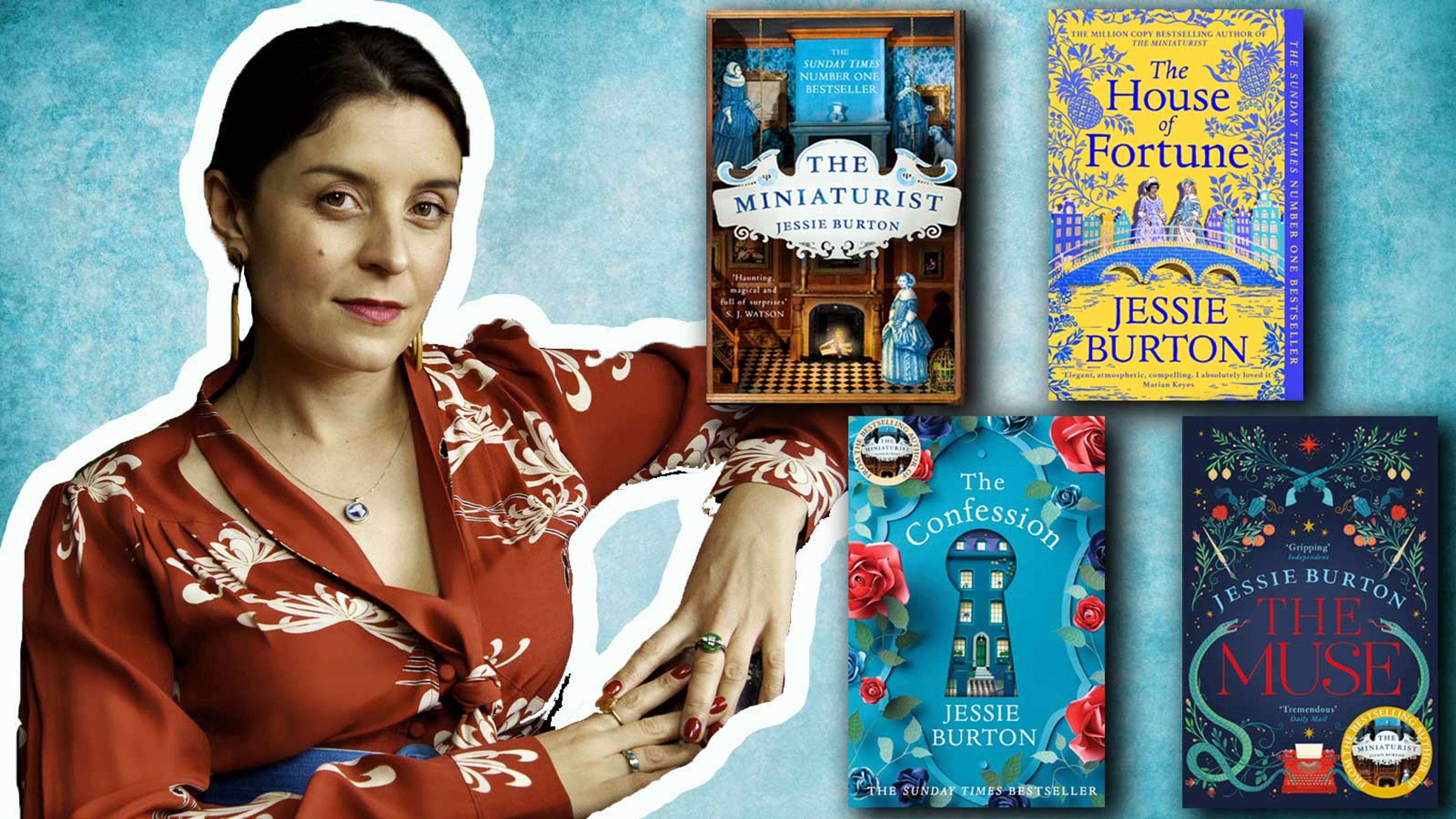 Photograph of Jessie Burton alongside the covers of her four books