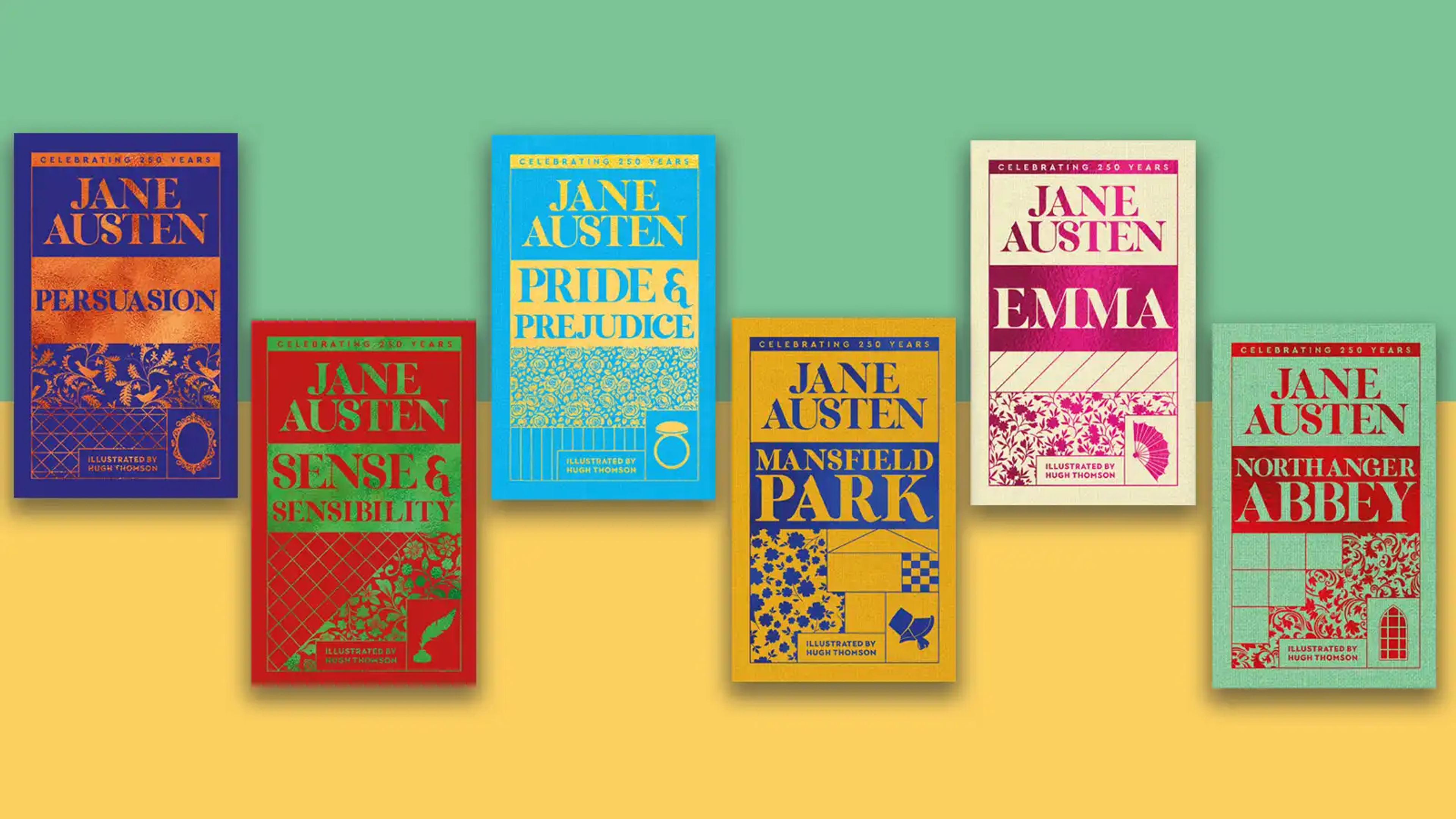 Austen's six finished novels on a two tone background
