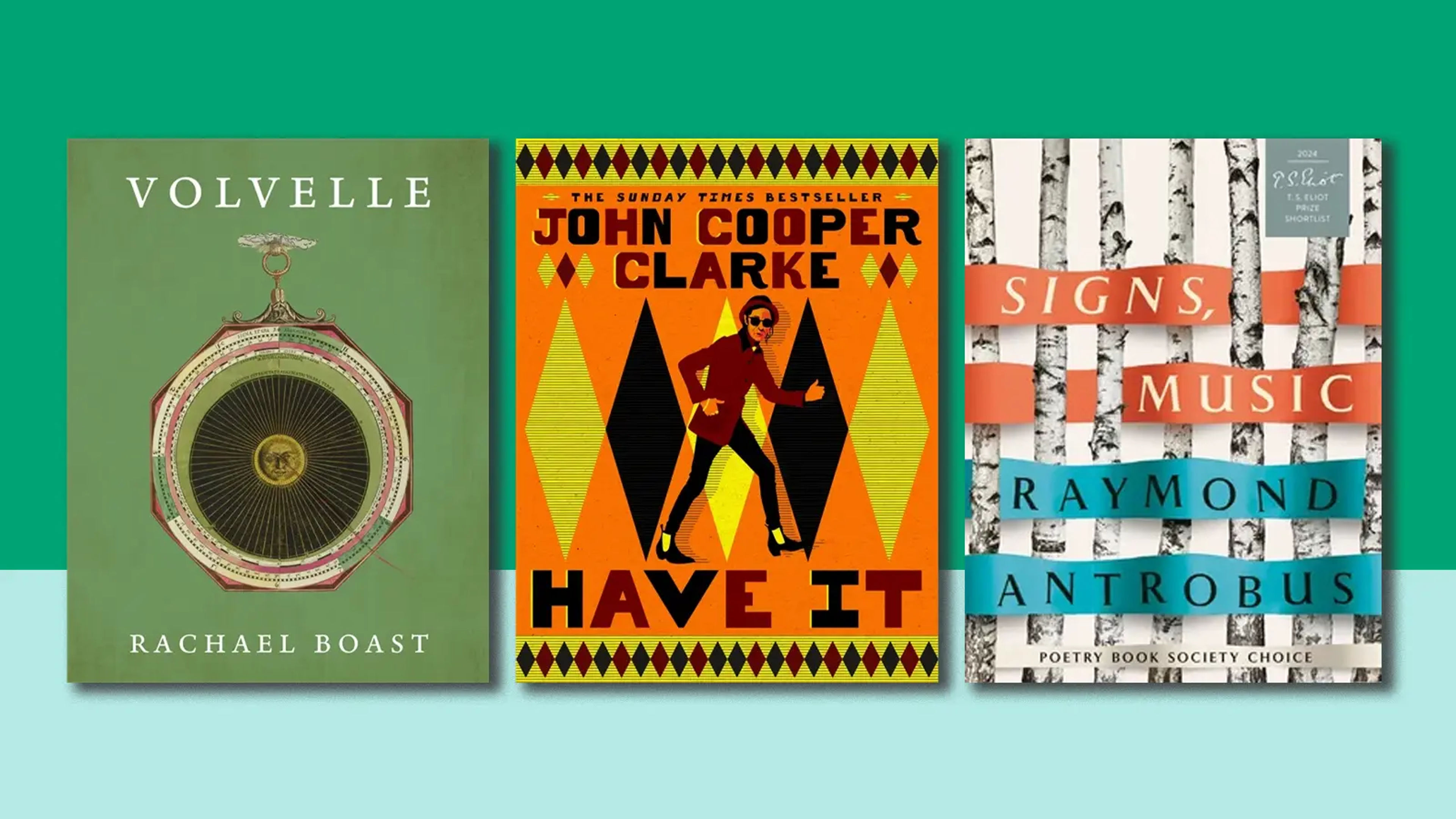 An two-tone green background with three poetry book covers overlaid.