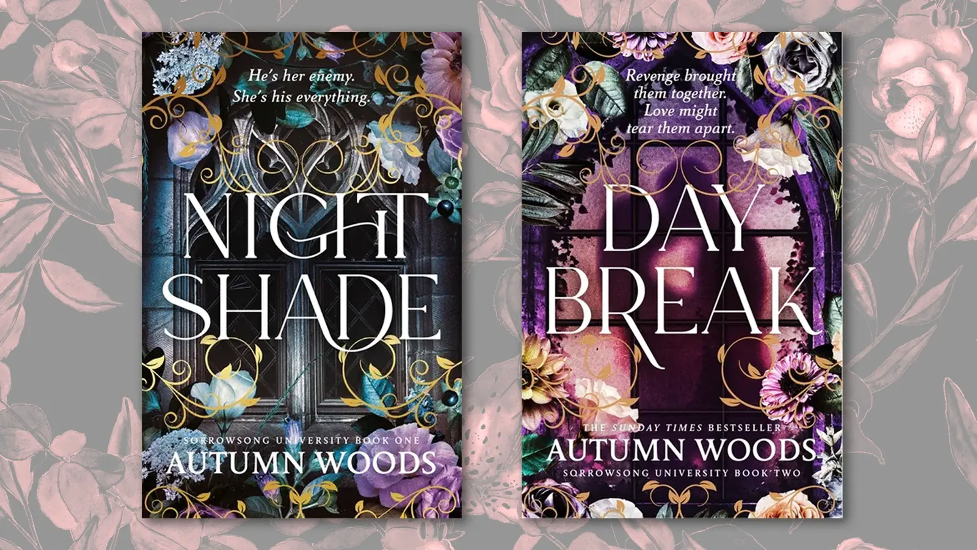 The Nightshade and Daybreak covers on a dark floral background