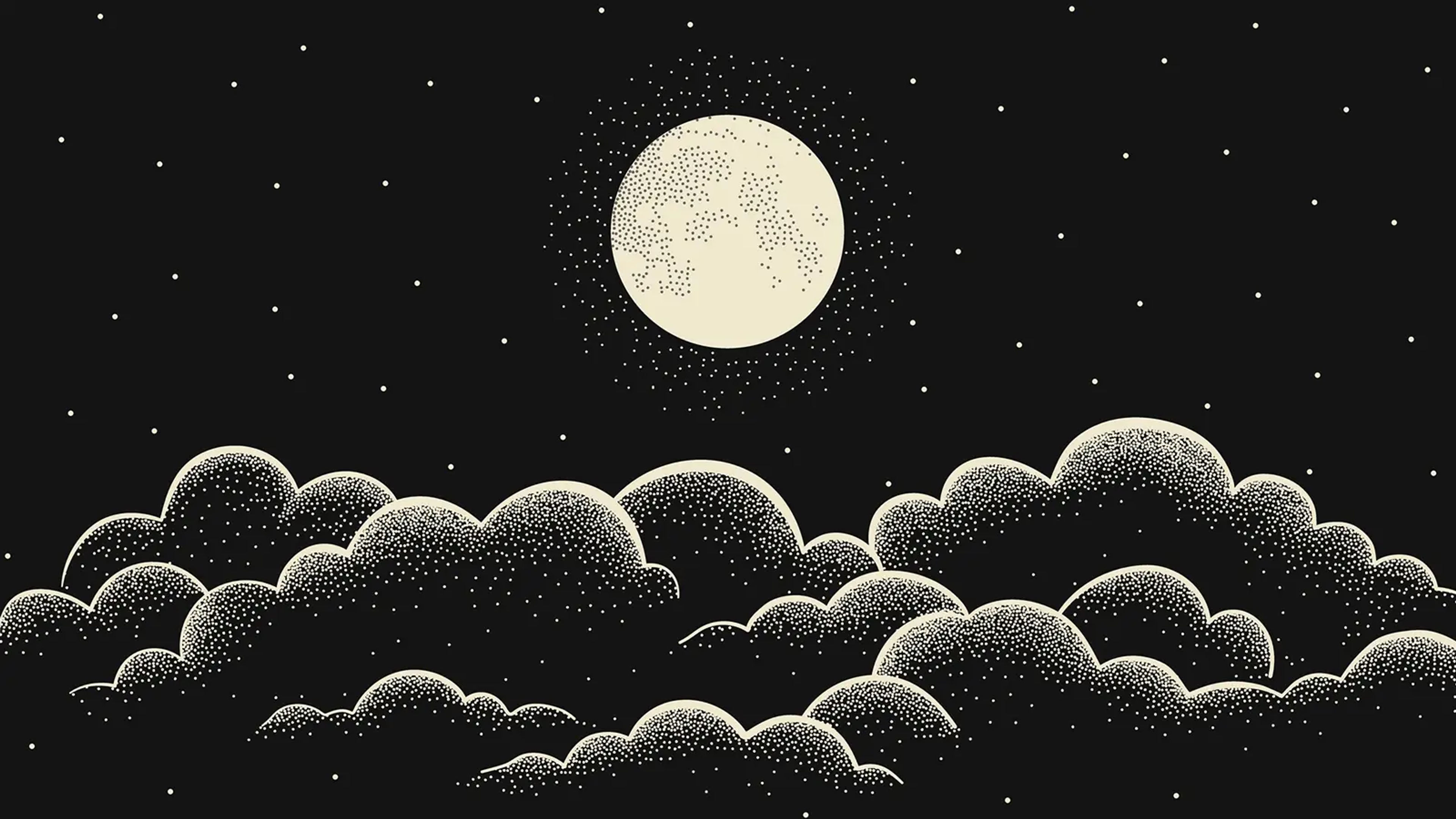 An illustration of a bright moon above clouds in a dark sky