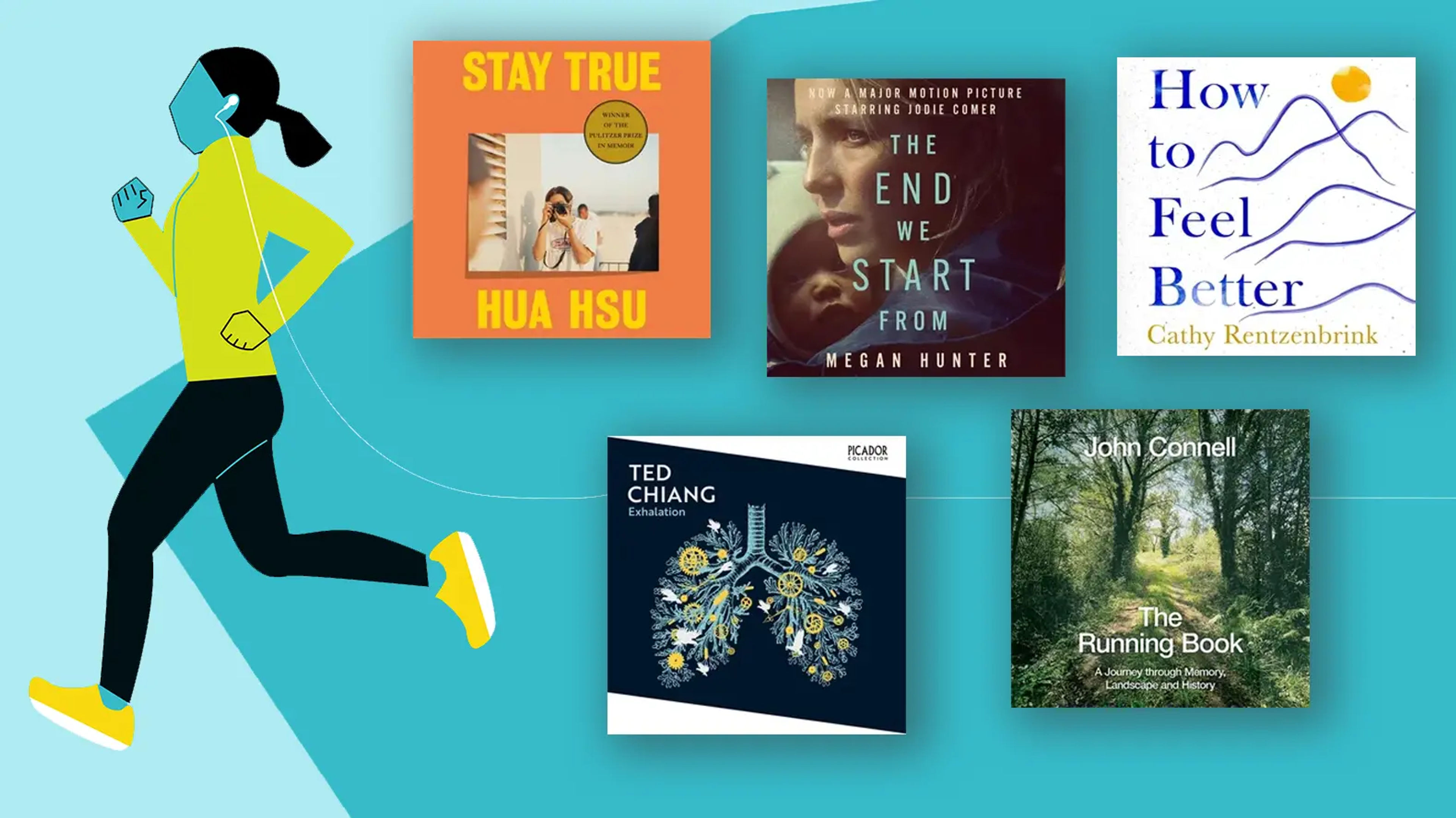 An illustration of a figure running with headphones, alongside audiobook covers